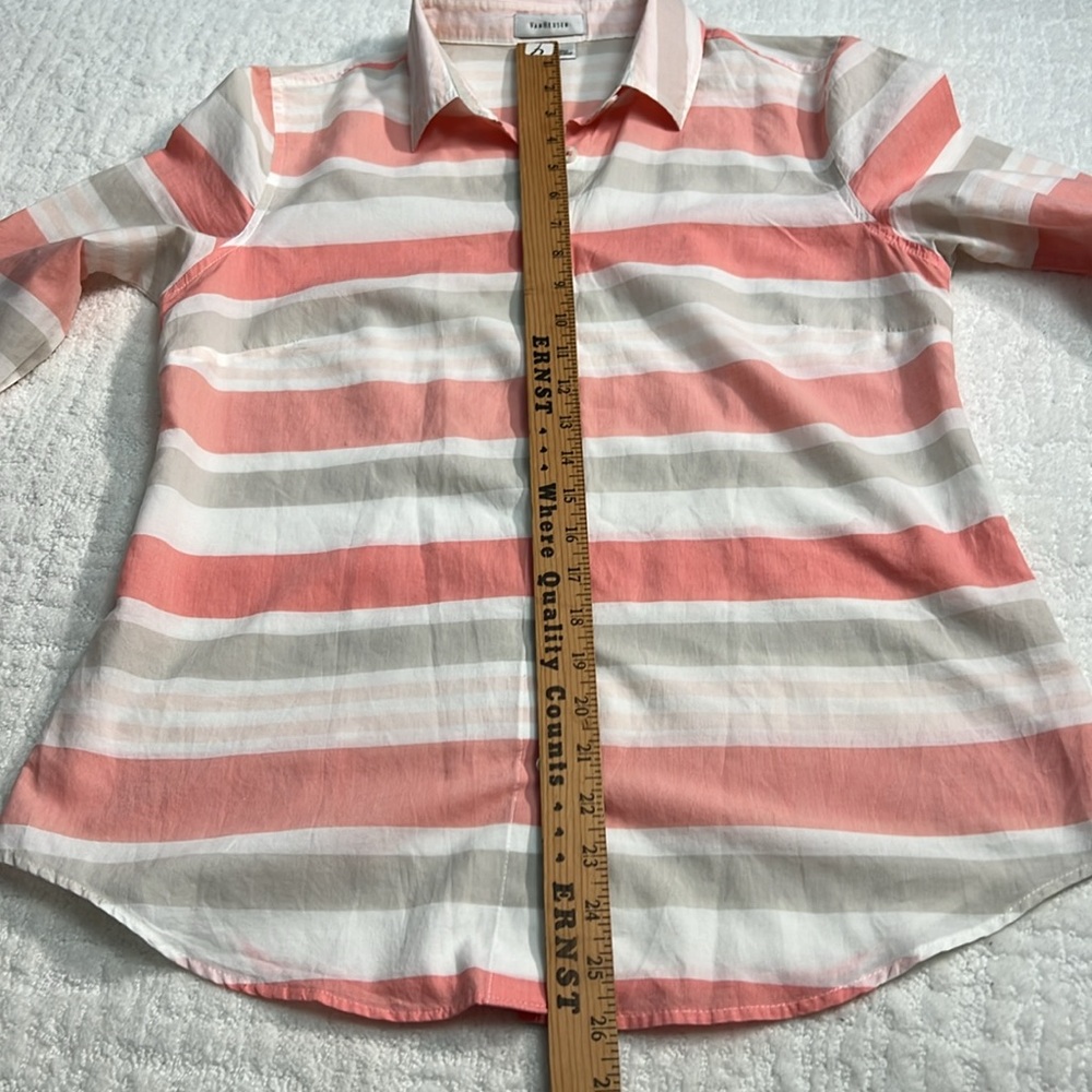 Van Heusen button up cotton stripe orange tan white collared 3/4 sleeve blouse M - Picture 7 of 9
